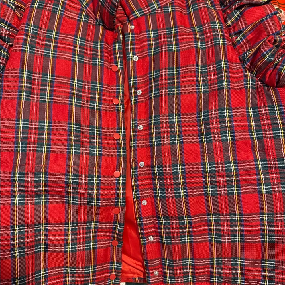 Red Plaid Button-Up Puffer Vest with Cute Sleeves; Never worn!